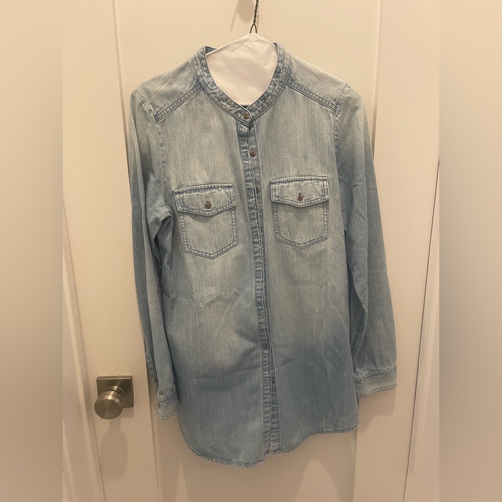 Long denim button down.